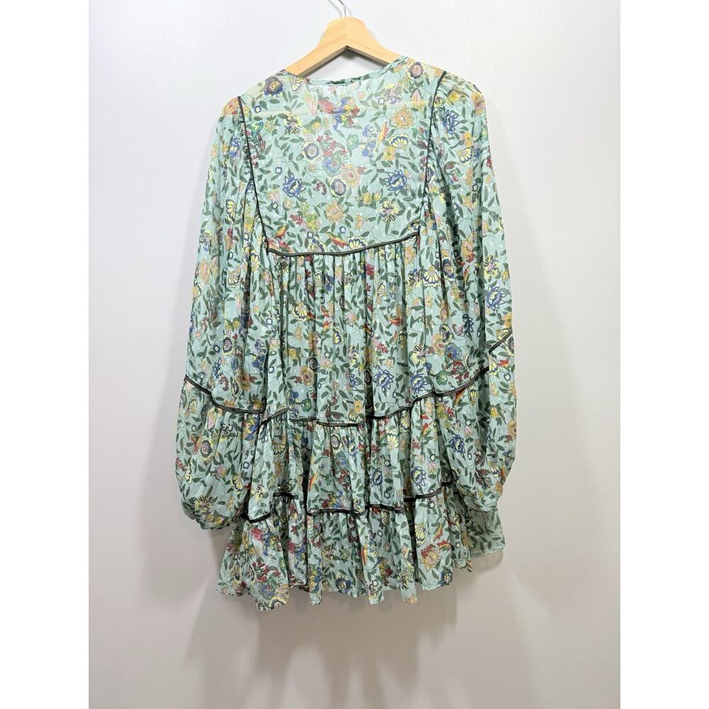 Free People Green Multicolor Floral Smocked Boho Fall Balloon Sleeve Mini L - Picture 9 of 9